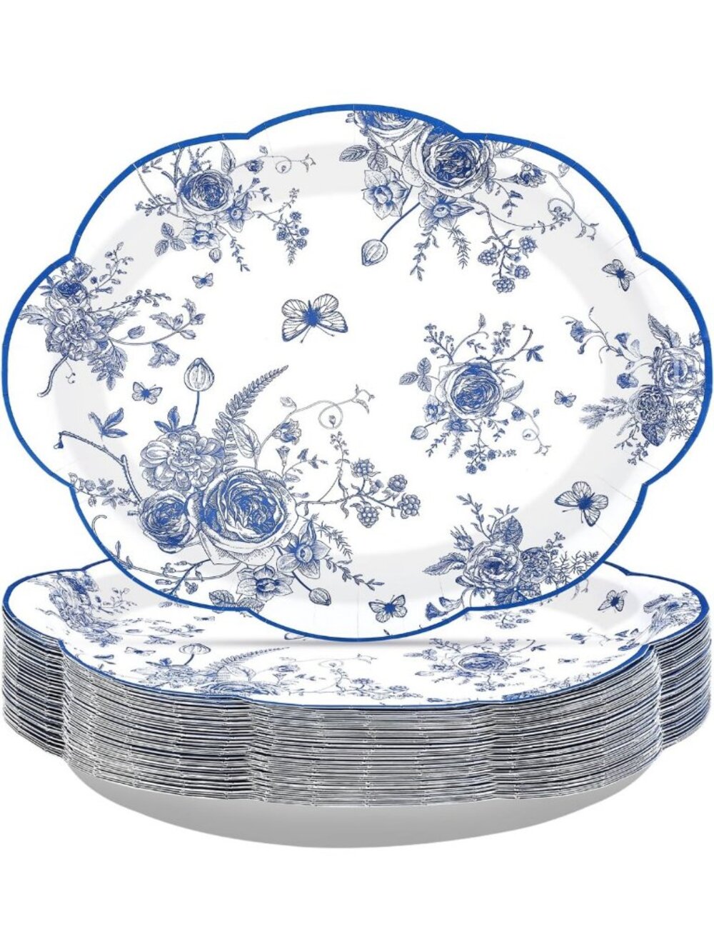 50Pcs Large Blue Floral Oval Plates 10"x12" Chinoiserie Scalloped Dinnerware